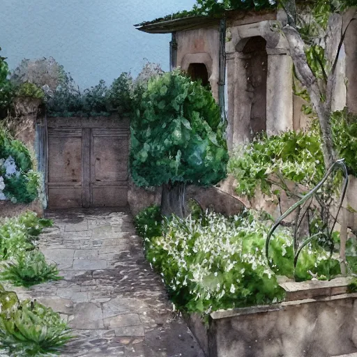 Image similar to delicate, garden, paved, botanic watercolors, iridescent, 8 k, realistic shaded, fine details, artstation, italian, chairs, gate, oak tree, pompeii