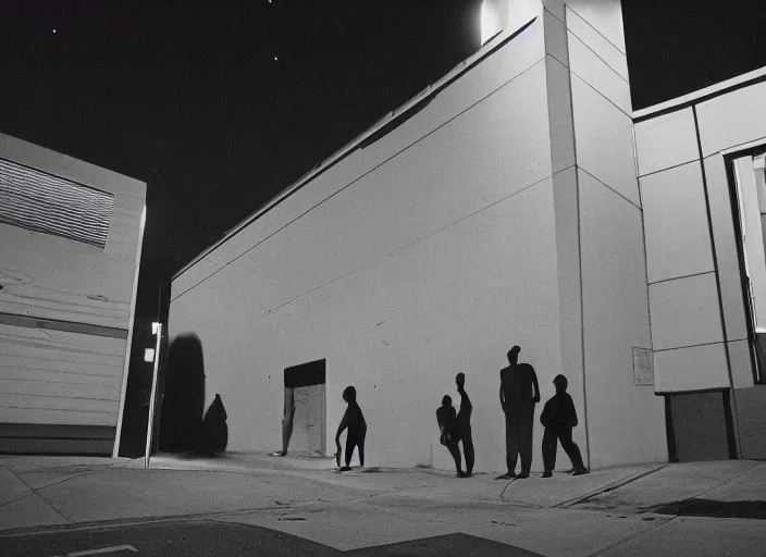 Image similar to glowing figures and a building seen from a dark parking lot in los angeles at night. 1 9 9 0 urban photography