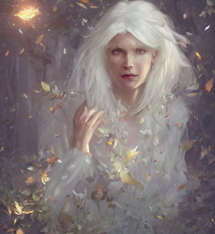 Prompt: portrait of a white haired woman wearing a crystal dress, autumn leaves falling, dramatic volumetric lighting, god rays, global illumination, soft, sharp focus, sci-fi, ivy, moss, trending on artstation, intricate concept art by Greg Rutkowski and artgerm and Ruan Jia and Alphonse Mucha