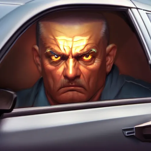 Image similar to Angry man inside a car is having a road rage, highly detailed, professional digital painting, Unreal Engine 5, Photorealism, HD quality, 8k resolution, cinema 4d, 3D, cinematic, art by artgerm and greg rutkowski and alphonse mucha and loish and WLOP