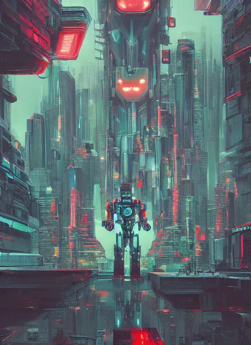 Image similar to a painting of a giant robot standing in front of a city, cyberpunk art by beeple art by james jean, behance contest winner, nuclear art, dystopian art, apocalypse art, sci - fi