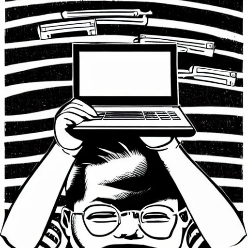 Prompt: illustration of a boy connected to his laptop with wires, highly detailed, by butcher billy, mcbess, rutkowski