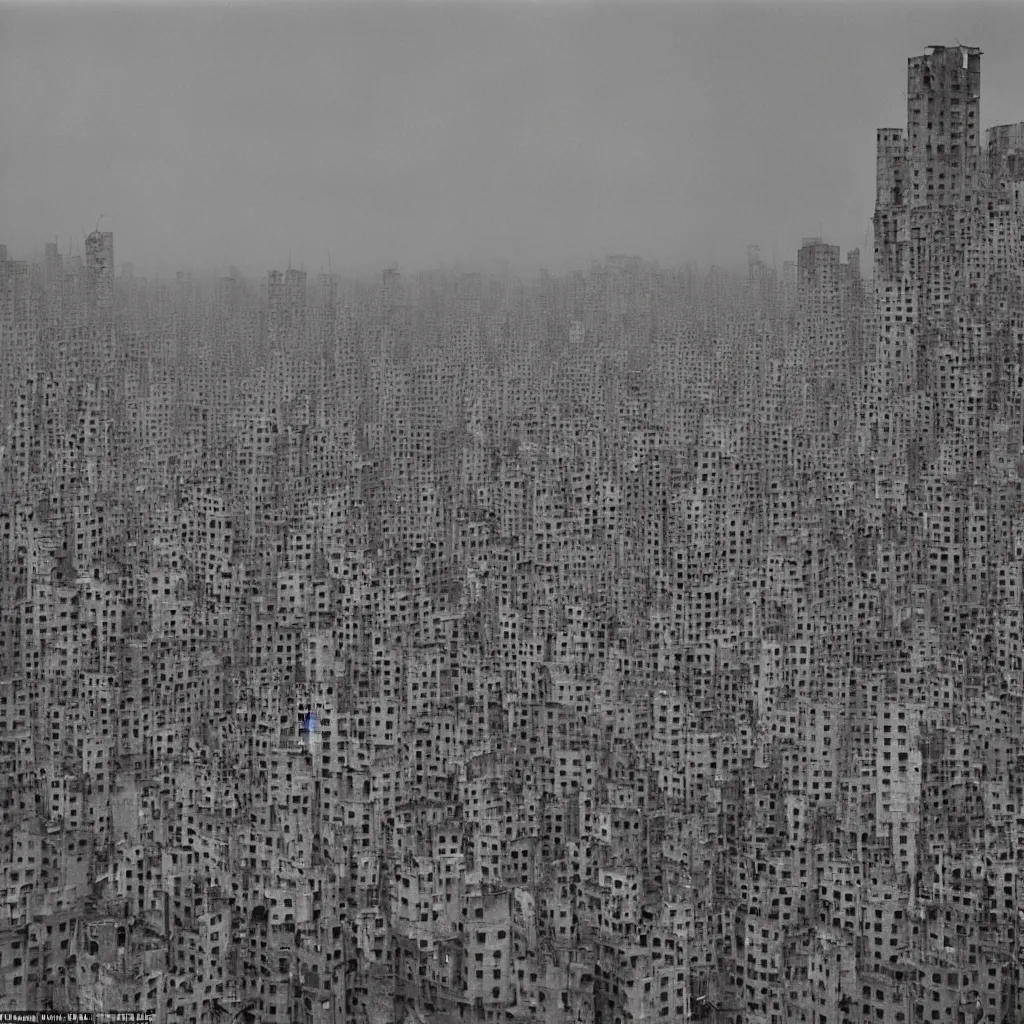 Image similar to towers made up of densely stacked makeshift squatter shacks with faded colours suspended over a quagmire, plain uniform sky at the back, misty, mamiya, ultra sharp, very detailed, photographed by man ray