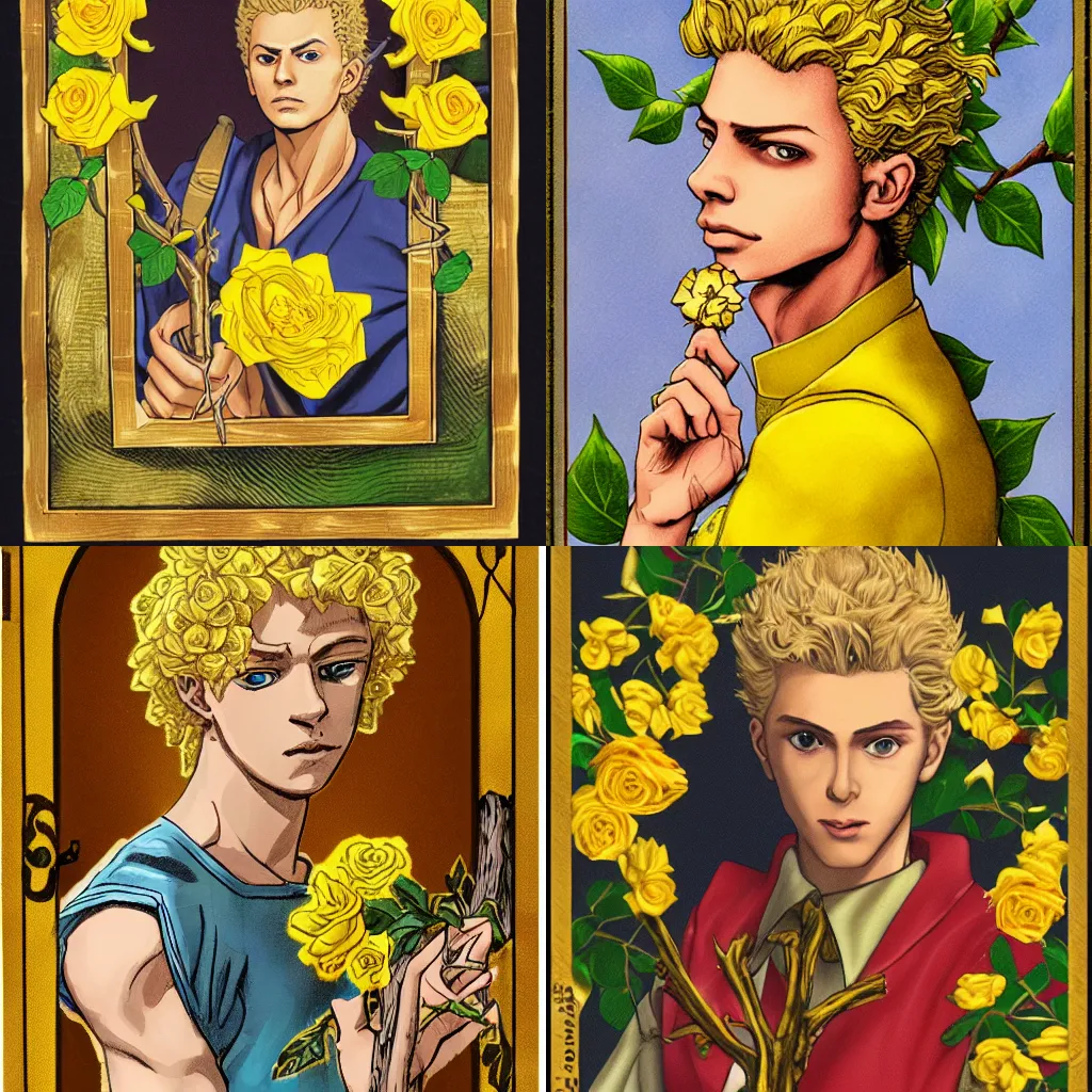 Prompt: A Portrait of giorno giovanna holding a branch of yellow rose, detailed, cinematic, tarot card, highly detailed, golden ratio, 8k