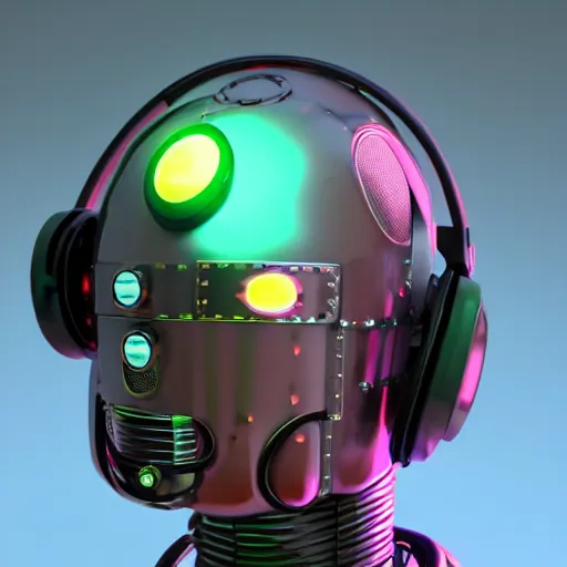 Image similar to a glossy claymodel of a steampunk robot head with glowing headphones, 8 k, symetrical, flourescent colors, halluzinogenic, multicolored, very detailed, black background, 3 d render,