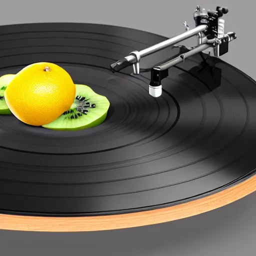 Image similar to vinyl turntable vinyl record in shape of huge kiwi fruit, 4 k, digital art, unreal render, hyperrealistic textures