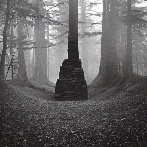 Prompt: old photograph of a cult surrounding a giant alien monolith in a haunted forest, epic composition