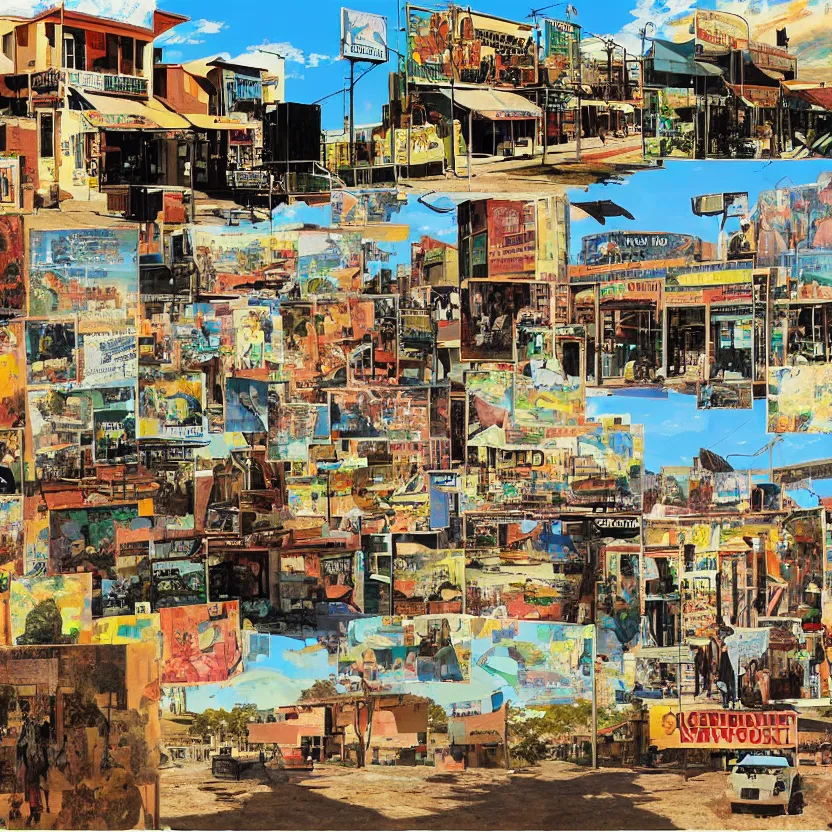 Prompt: collage of a small town in the outback, concept art, aesthetically pleasing natural colors, art by mimmo rotella, collage
