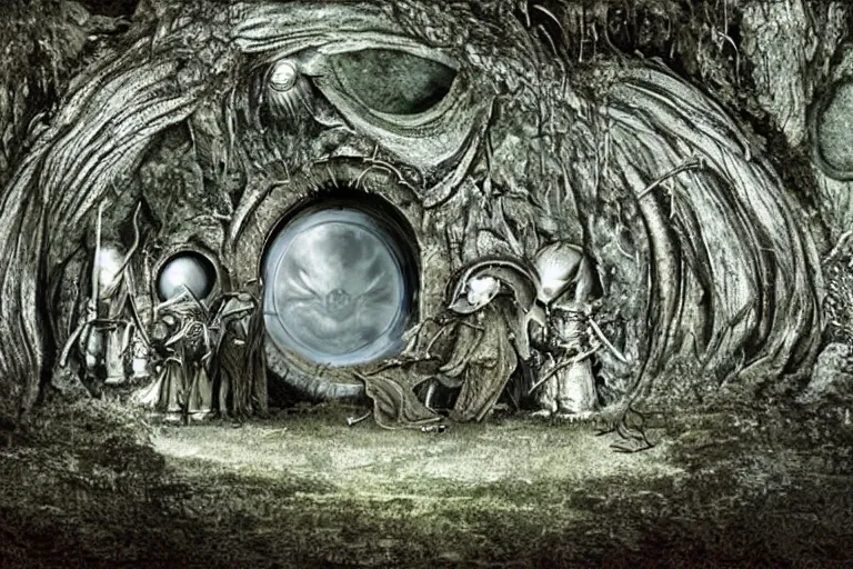 Prompt: movie still from the lord of the rings directed by ridley scott, landscape, the shire in the style of h. r. giger, grey sky overhead, metallic hobbit holes