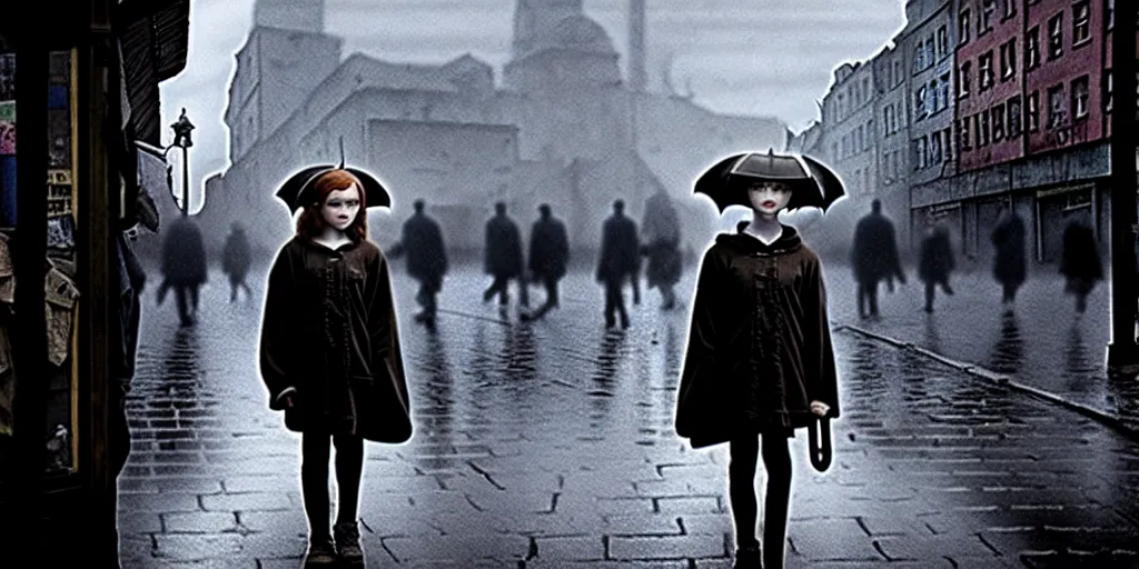 Image similar to medium shot | sadie sink in hoodie | lonely market stall selling umbrellas | in ruined square, pedestrians on both sides | steampunk tenement windows in background : 3 5 mm film, anamorphic, from schindler's list by steven spielberg. cyberpunk, cinematic atmosphere, detailed and intricate, perfect anatomy