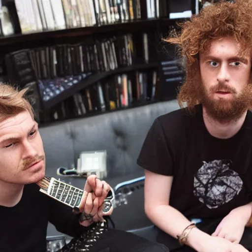 Prompt: geordie greep fro mthe band black midi having a business meeting with mario, hyperrealistic