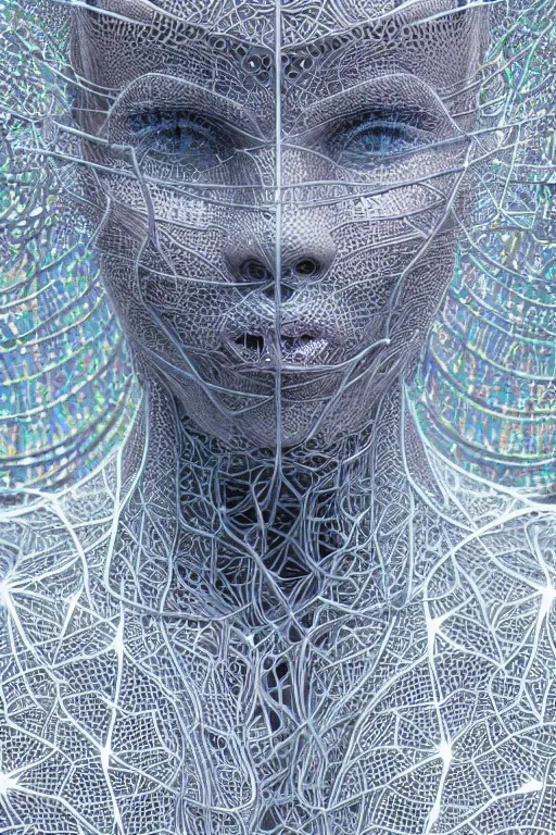 Image similar to a melancholic realistic 8k sculpture of a complex robotic human face, liquid metal simulation, bright psychedelic neon colors, dark dramatic lighting, hexagonal mesh wire, filigree intricate details, cinematic, fleshy musculature, white blossoms, elegant, 50mm lens, DOF, octane render, art nouveau, 8k post-processing, intricate art by Eddie Mendoza