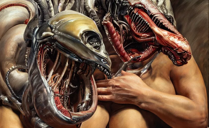 Image similar to high quality high detail painting by lucian freud and frank frazetta and jenny saville, hd, xenomorph predator, muted colors, cinematic