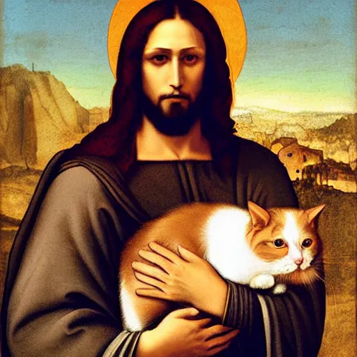 Image similar to portrait of jesus holding a cute cat, digital art, by leonardo da vinci