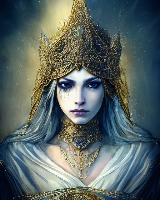 Image similar to highly detailed sharp photorealistic portrait of a beautiful female priestess with shimmering hair, symmetrical face and eyes, dressed in intricate silk, lined with golden glowing georgian words, cgsociety, Elden Ring, Dark Souls, Bloodborne