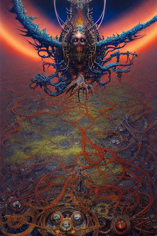 Prompt: photo realistic detailed image of technological nightmare abomination monster god. aerial perspective, by lisa frank, ayami kojima, amano, karol bak, greg hildebrandt, and mark brooks, neo - gothic, gothic, rich deep colors. beksinski painting, part by adrian ghenie and gerhard richter. art by takato yamamoto. masterpiece