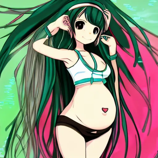 Prompt: cute pregnant hatsune miku with pregnant belly, baby struggling inside womb, kicks are visible on the belly, art in anime style, trending on pixiv