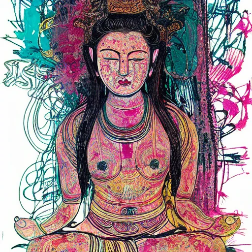 Image similar to contented female bodhisattva, praying meditating, portrait illustration by Carne Griffiths