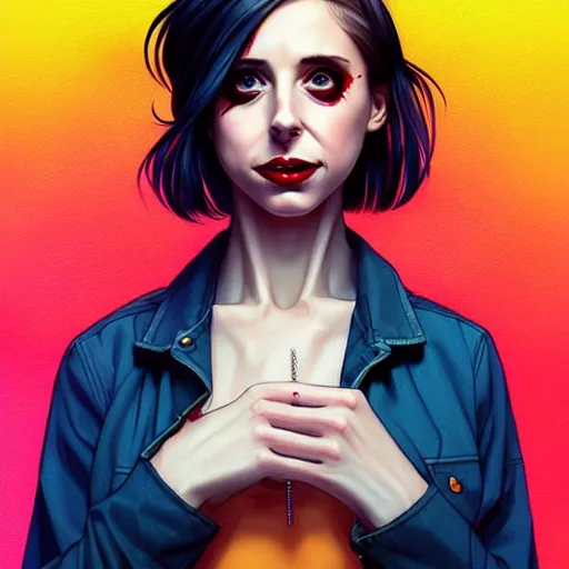 Image similar to loish, artgerm, Joshua Middleton art, pretty female Alison Brie serial killer holding bloody knife, blood on clothes and face, sarcastic smile, symmetrical eyes, symmetrical face, full body, jean jacket, jeans, short blonde hair, middle shot, highly saturated, deep blacks