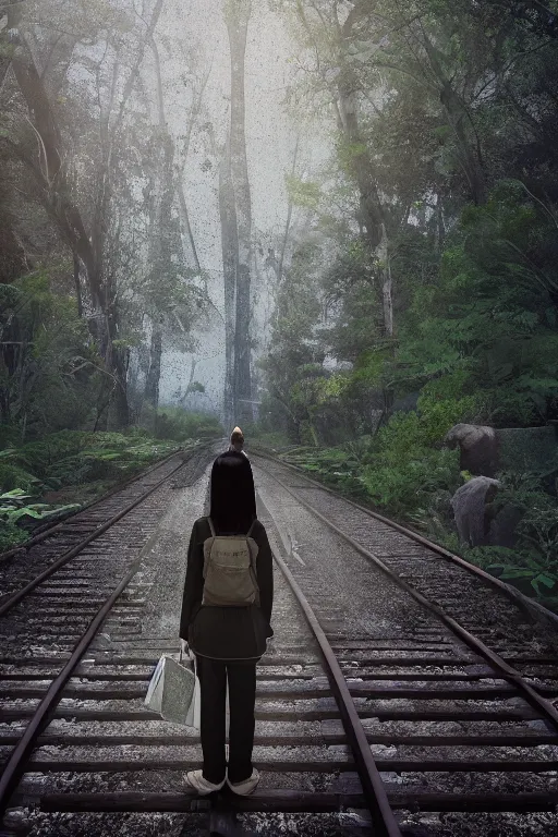 Prompt: Standing Japan girl looking and waiting to the old train heading the station with cat sitting on her right, dense creepy forest, overgrown rails, 50mm photo, highly detailed, hyper realistic, matte painting, 4k, 8k resolution, trending on artstation, octane render, unreal engine, cinematic