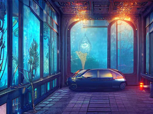 Prompt: an elaborate filigreed convoluted biopunk underwater streetcorner environment, glass panes, glowing lights, fronds, branches, art nouveau, dramatic lighting, 3 - d render, photorealism, unreal engine