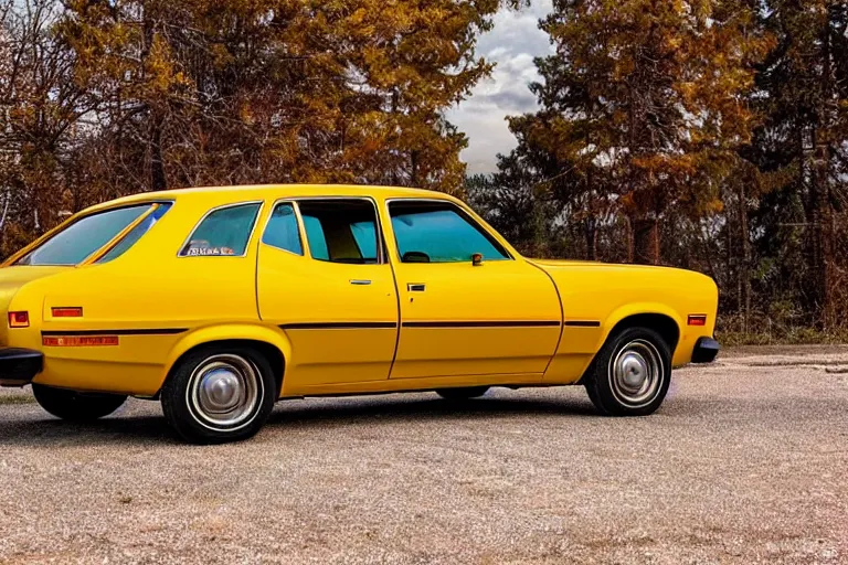 Image similar to 1 9 7 3 ford pinto stationwagon, yellow - orange color, wide - angle lens, dramatic lighting, cool marketing photo