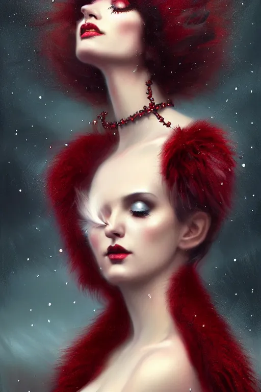 Prompt: Nocturne, glowing, stars, a portrait of a shadow monster hybrid woman with long fur and a feathered collar, highly detailed, mysterious, ethereal, dressed in red velvet, haute couture, illustration, dramatic lighting, soft details, painting, by Edmund Blair Leighton, Brom, Charlie Bowater, trending on artstation, faces by Tom Bagshaw, otto schmidt