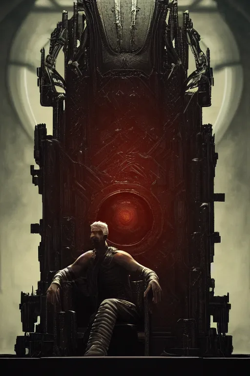 Prompt: a man sitting in a throne, surrounded by your multiple personalities, moody lighting, 8 k resolution, octane render, trending on artstation, by h. r. giger and greg rutkowski