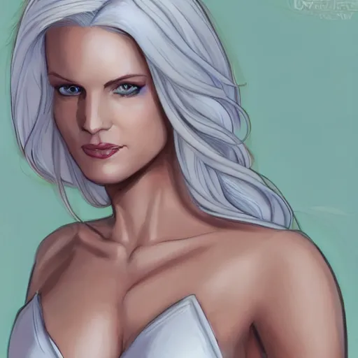 Prompt: portrait of emma frost, a beautiful woman in her 3 0 s with white blonde hair and blue eyes, dressed in a fashionable white suit, detailed face, smooth, sharp focus, teasing smile, artstation, art by knight zhang,