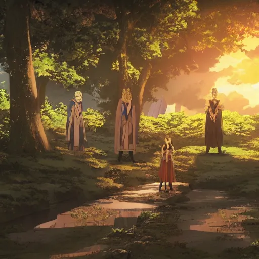 Prompt: anime key visual of the council of elrond, the lord of the rings, cinematic lighting, nature, fantasy, jm animation