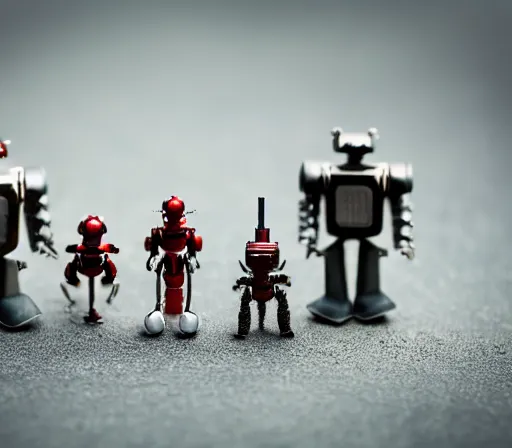 Image similar to miniature figurines of robot monsters, close up, detail, tilt shift, product photography