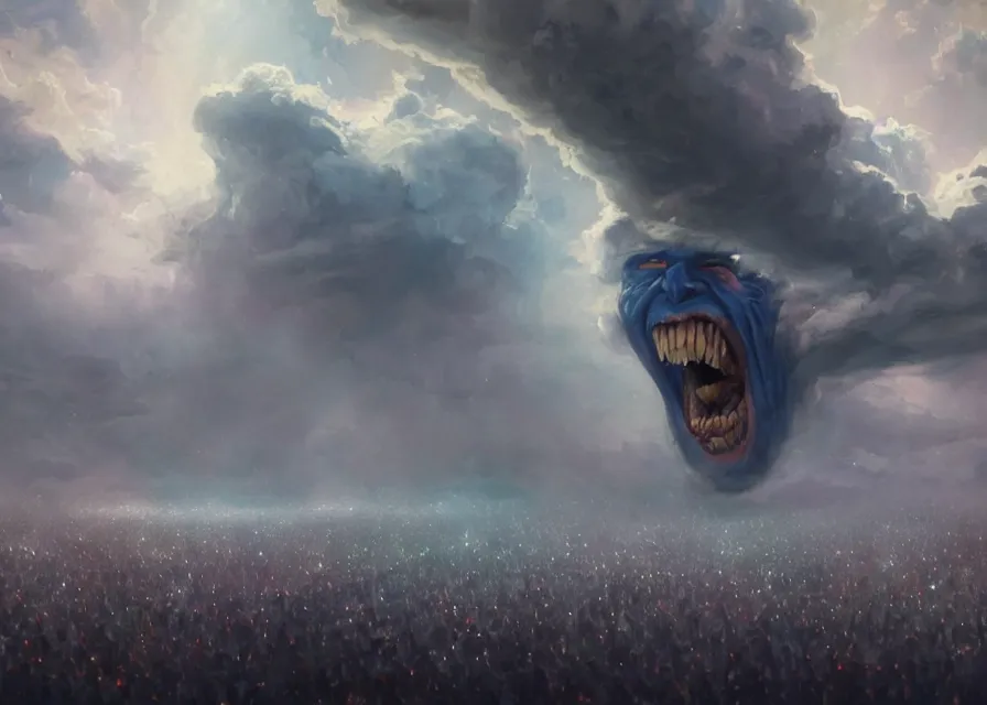 Image similar to large abstract painting of giant grinning evil dynamic low-opacity Joe Biden head emerging from cosmic clouds at giant immense crowd of person army, trending on ArtStation, masterpiece, by Greg Rutkowski, by Ross Tran, by Fenghua Zhong, octane, lightbeam eyes, soft render, clear facial features, oil on canvas,, moody lighting, lights beaming out of eyes, cinematic, professional environment concept art