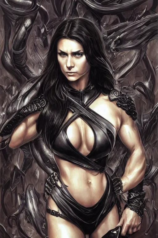 Prompt: muscled Nina Dobrev as a heroine in black leather, intricate, elegant, highly detailed, centered, digital painting, artstation, concept art, smooth, sharp focus, illustration, art by artgerm and donato giancola and Joseph Christian Leyendecker, Ross Tran, WLOP