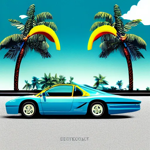 Image similar to digital art profile picture of a duck driving a ferrari testarossa under palm trees, vaporwave, trending on artstation, 4 k, highly detailed, simply great