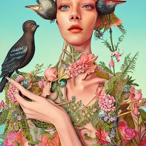 Image similar to pretty model with botanical and birds : : by martine johanna and simon stalenhag and chie yoshii and casey weldon and wlop : : ornate, dynamic, particulate, rich colors, intricate, elegant, highly detailed, vogue, harper's bazaar art, fashion magazine, smooth, sharp focus, 8 k, octane render