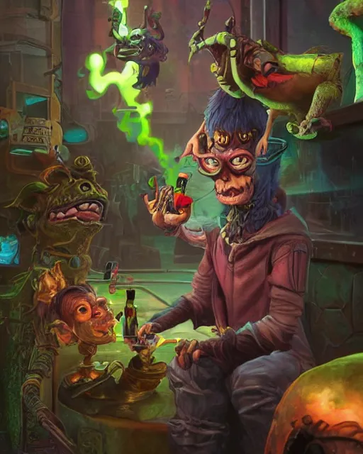 Prompt: an epic fantasy comic book style portrait painting of a goblin, sitting outside at a crowded futuristic restaurant with a beer in hand, he is playing on a midi controler, character design by mark ryden and pixar and hayao miyazaki, unreal 5, daz, hyperrealistic, octane render, cosplay, rpg portrait, dynamic lighting, intricate detail, summer vibrancy, cinematic,