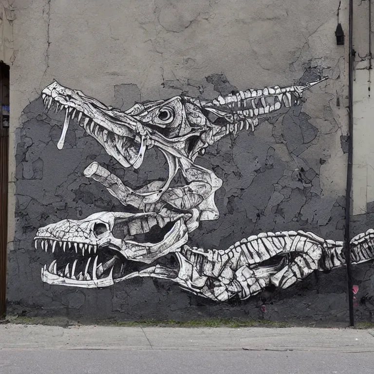 Prompt: Street-art painting of crocodile skeleton in style of Banksy, photorealism