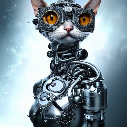 Prompt: a beautiful intricate fine art portrait photo of a a mechanical industrial steampunk cybernetic cute cat with large eyes against galactic space, soft backlight, by tom bagshaw and zach sutton, perfection!, milk bath photography, studio lighting, 5 0 mm lens, very detailed, bionic, cybernetic scifi, deep depth of field, artstation, 8 k, highly coherent