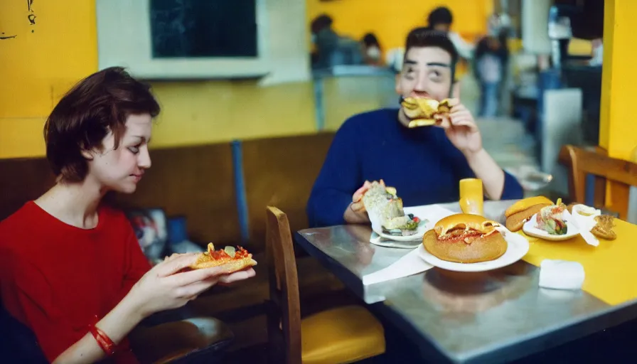 Prompt: blue customer eating red hamburger in yellow restaurant, film camera