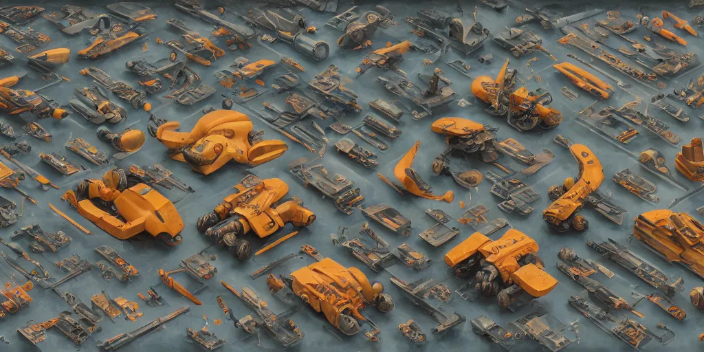 Image similar to collection of exploration of form and shapes, props, hard surface, panel, simon stalenhag, kitbash, items, gadget, big medium small, close up, vehicles, futuristic, parts, machinery, greebles, insanely detailed, case, hardware, golden ratio, wes anderson color scheme, in watercolor gouache detailed paintings