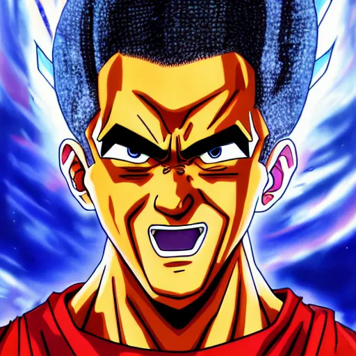 Image similar to ultra realistic portrait painting of barak obama as super saiyan 3 goku, art by akira toriyama, 4 k, dragon ball artstyle, cel shaded, highly detailed, epic lighting