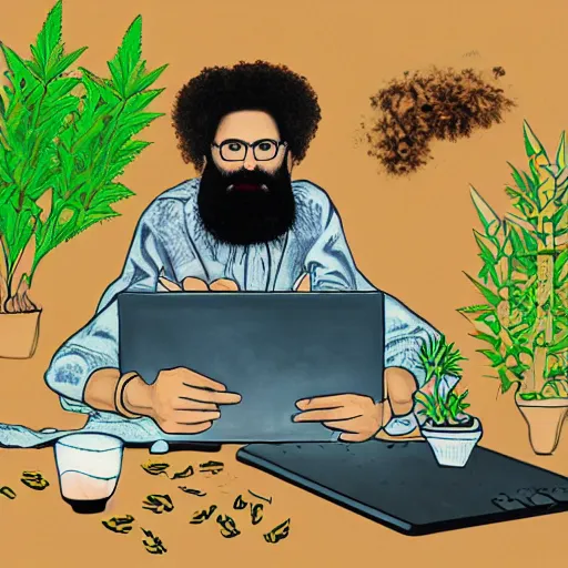 Prompt: a painting of a curly haired bearded man sitting at his computer with a rolling tray and a pile of weed ground up in front of him