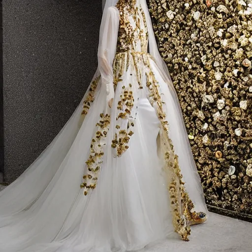 Image similar to a long wedding dress with a train made of flower petals made of light - colored fabric. transparent in places. in places, patterns of precious stones. intricate patterns of gold thin threads. fantasy. clear details