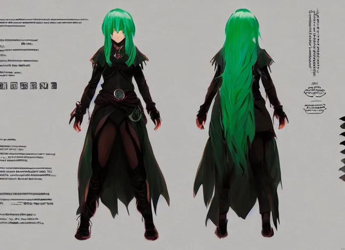 Image similar to character sheet for a beautiful and cute girl for genshin impact by greg rutkowski, black to light green fade hair, genshin impact style, sorcerer magic witch, digital art, trending on artstation, hd, 8 k, highly detailed, good lighting, beautiful, masterpiece