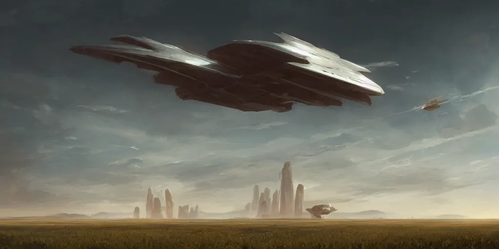 Image similar to wide shot of a tall and thin monolithic spaceship hovering in the air high above a cornfield, late afternoon, golden hour, highly detailed, smooth, sharp focus, concept art by greg rutkowski and ruan jia and stanley lau