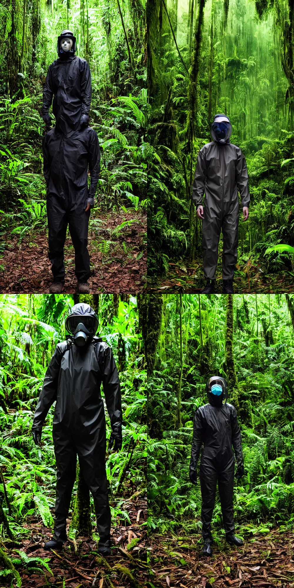 Prompt: a human researcher standing in the rainforest, wearing protective suit, post - apocalypse, cinematic