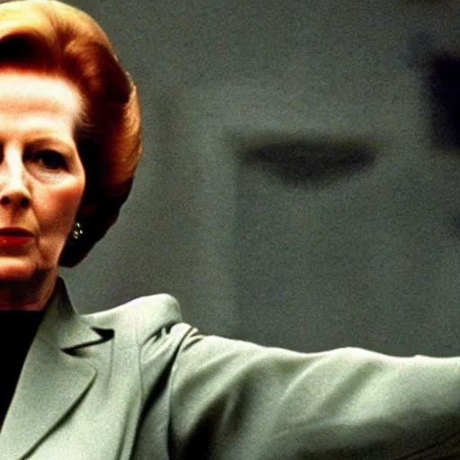 Prompt: A movie still of Margaret Thatcher as Neo in The Matrix