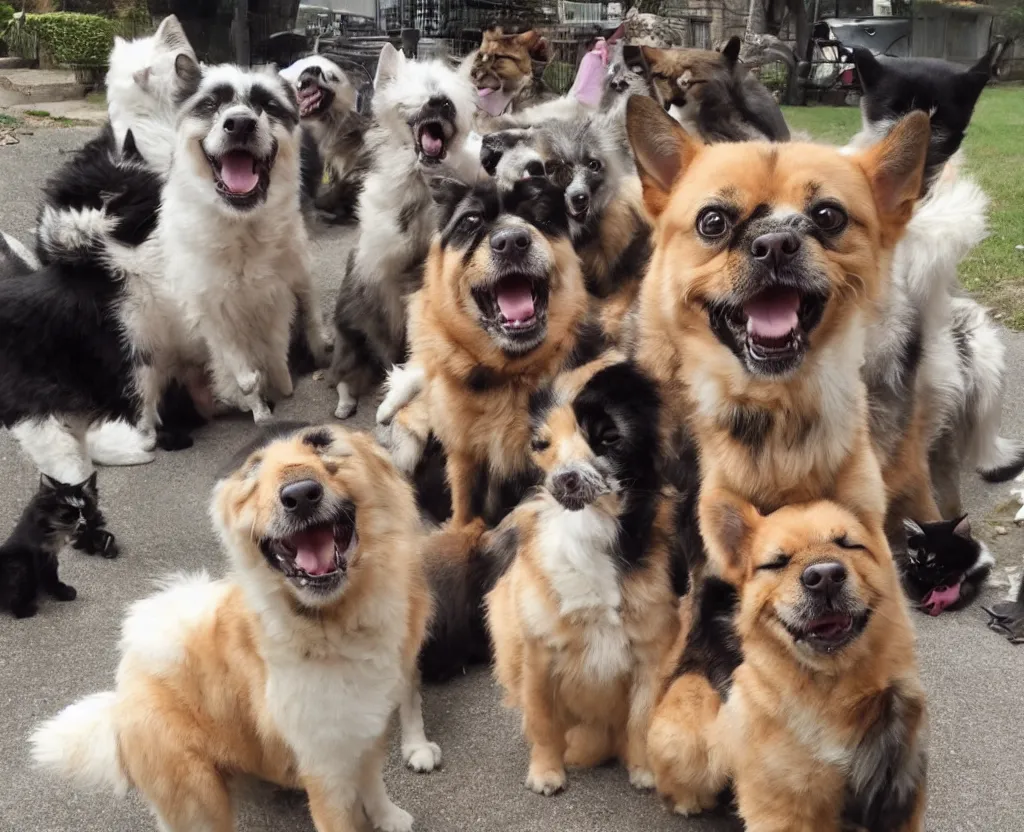 Image similar to cute dog with enormous biceps shouting at a group of cats