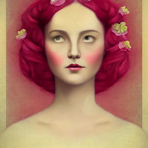 Image similar to by christian schloe hollywood cerise, pastel yellow. a digital art beauty & mystery of the woman sitting before us. enigmatic smile & gaze invite us into her world, & we cannot help but be drawn in. soft features & delicate way she is dressed make her almost ethereal. landscape distance & mystery. what secrets this woman holds.