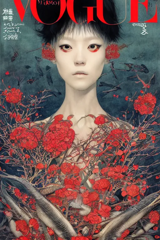 Image similar to a cover of japanese vogue art magazine about animal creatures bio with a banner and logo on it by illustrated by miyazaki by karol bak, james jean, tom bagshaw, rococo, sharp focus, trending on artstation, cinematic lighting, hyper realism, octane render, 8 k, hyper detailed, vivid, ultra detailed, highly detailed